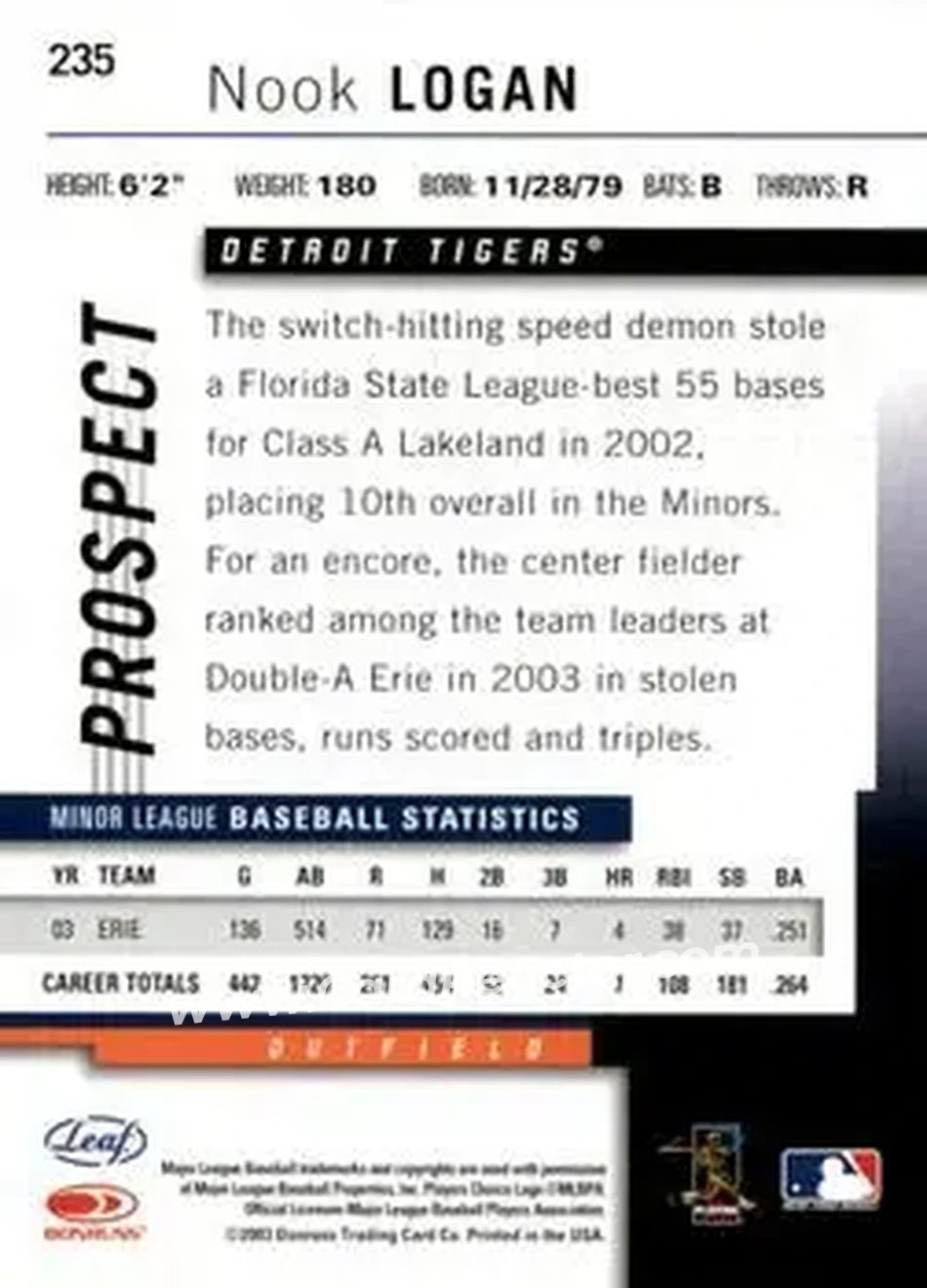 2004 Leaf #235 - Nook Logan - Detroit Tigers - Back 2004 Leaf #235 - Nook Logan - Detroit Tigers - Back