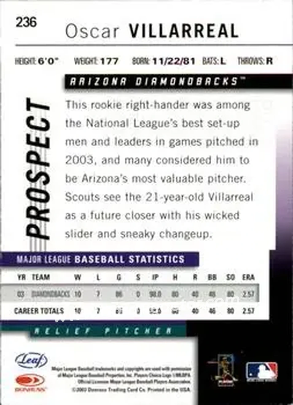 2004 Leaf #236 - Oscar Villarreal - Arizona Diamondbacks - Back 2004 Leaf #236 - Oscar Villarreal - Arizona Diamondbacks - Back