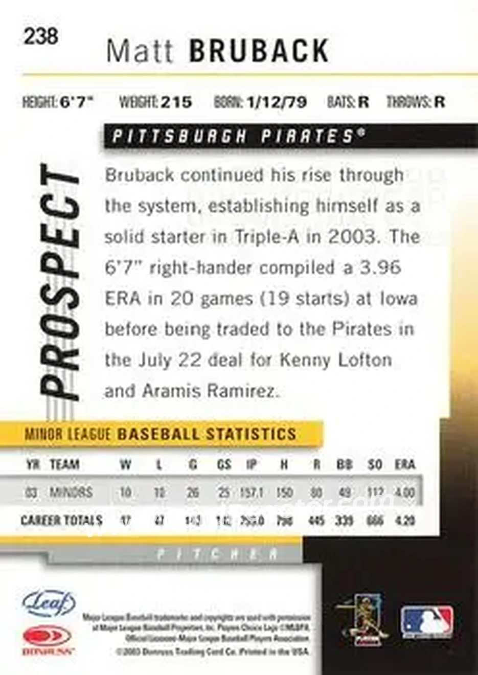2004 Leaf #238 - Matt Bruback - Pittsburgh Pirates - Back