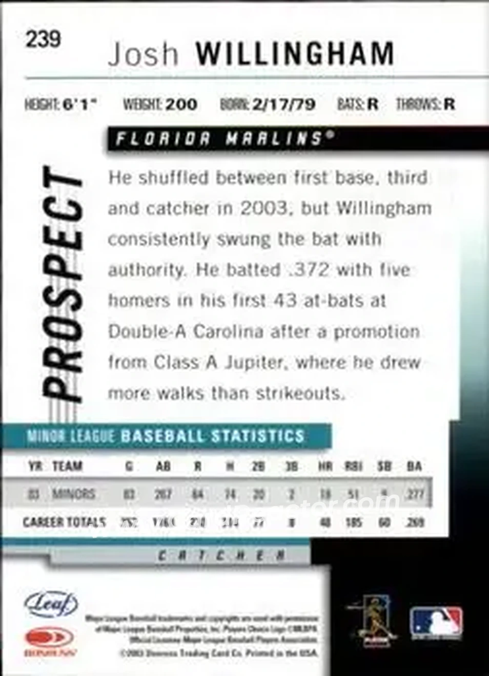 2004 Leaf #239 - Josh Willingham - Florida Marlins - Back 2004 Leaf #239 - Josh Willingham - Florida Marlins - Back