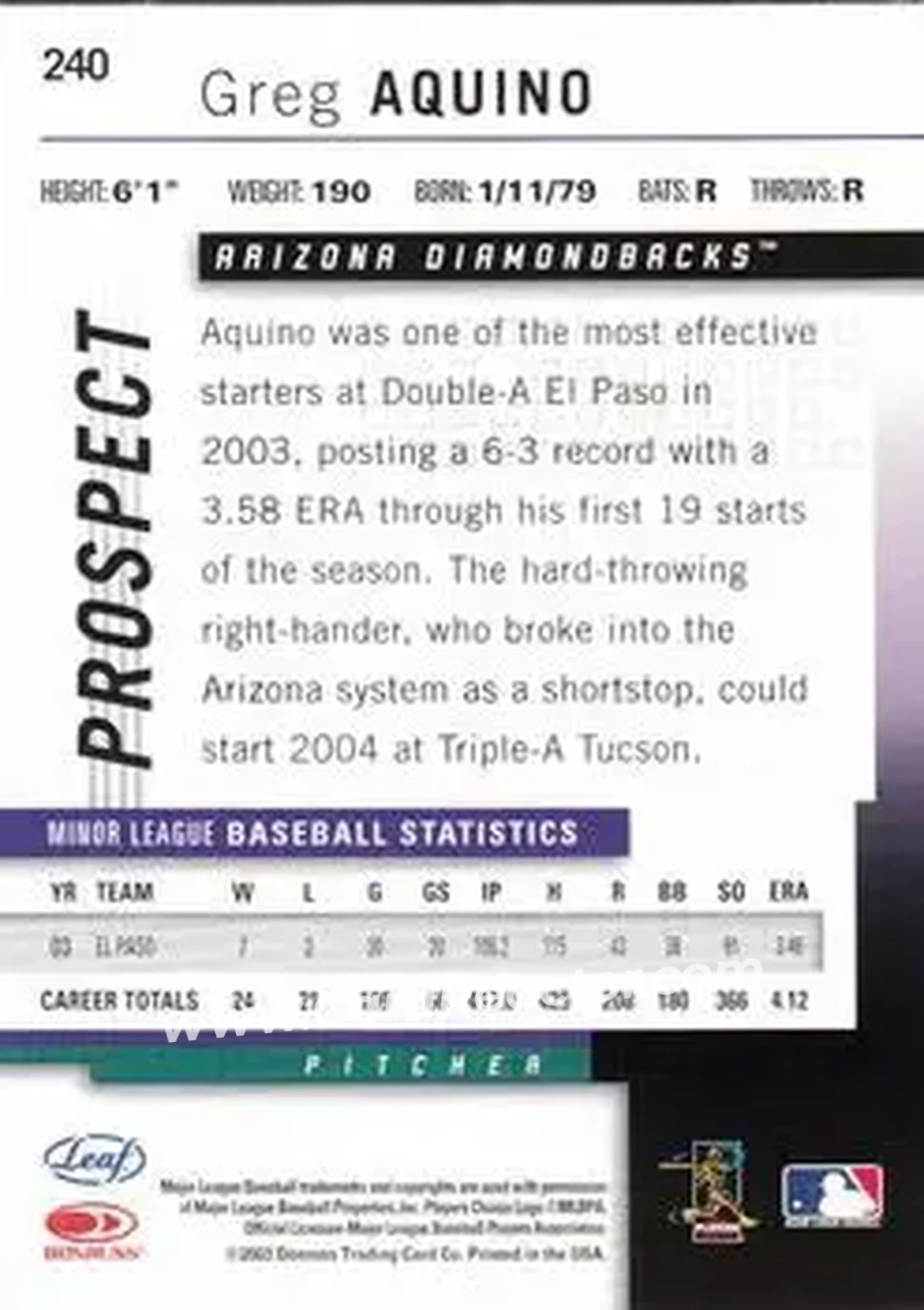 2004 Leaf #240 - Greg Aquino - Arizona Diamondbacks - Back