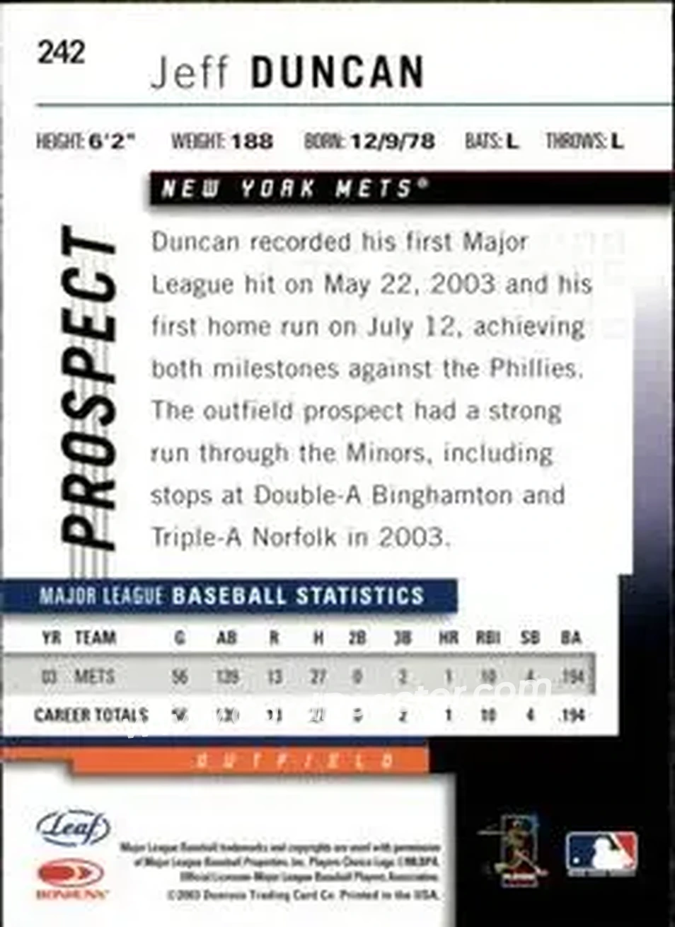2004 Leaf #242 - Jeff Duncan - New York Mets - Back 2004 Leaf #242 - Jeff Duncan - New York Mets - Back