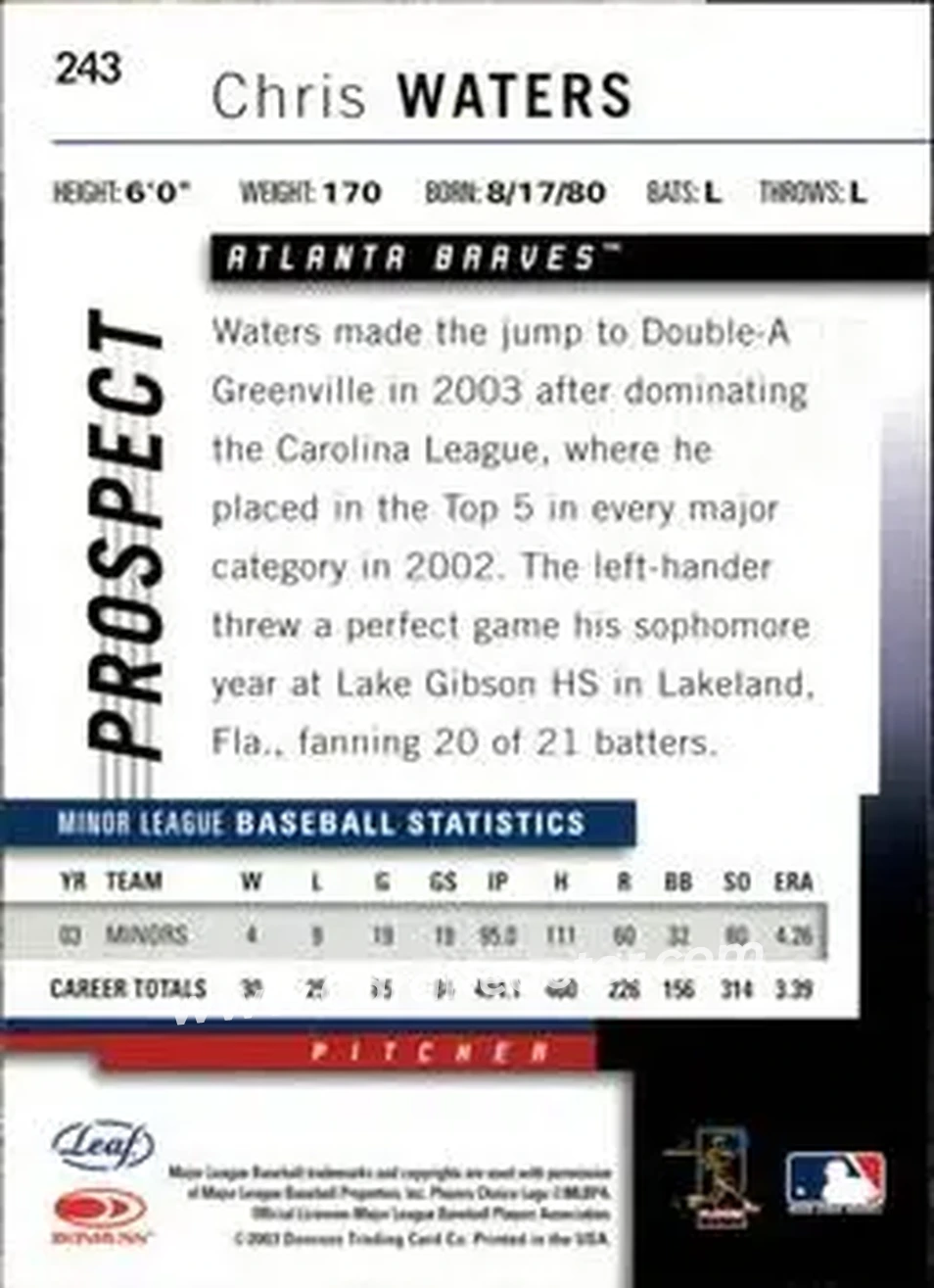2004 Leaf #243 - Chris Waters - Atlanta Braves - Back 2004 Leaf #243 - Chris Waters - Atlanta Braves - Back