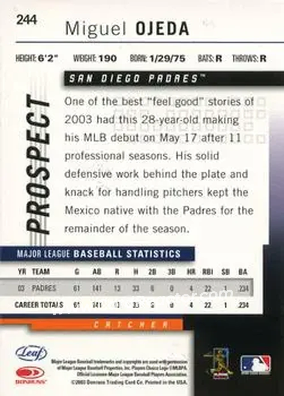 2004 Leaf #244 - Miguel Ojeda - San Diego Padres - Back 2004 Leaf #244 - Miguel Ojeda - San Diego Padres - Back