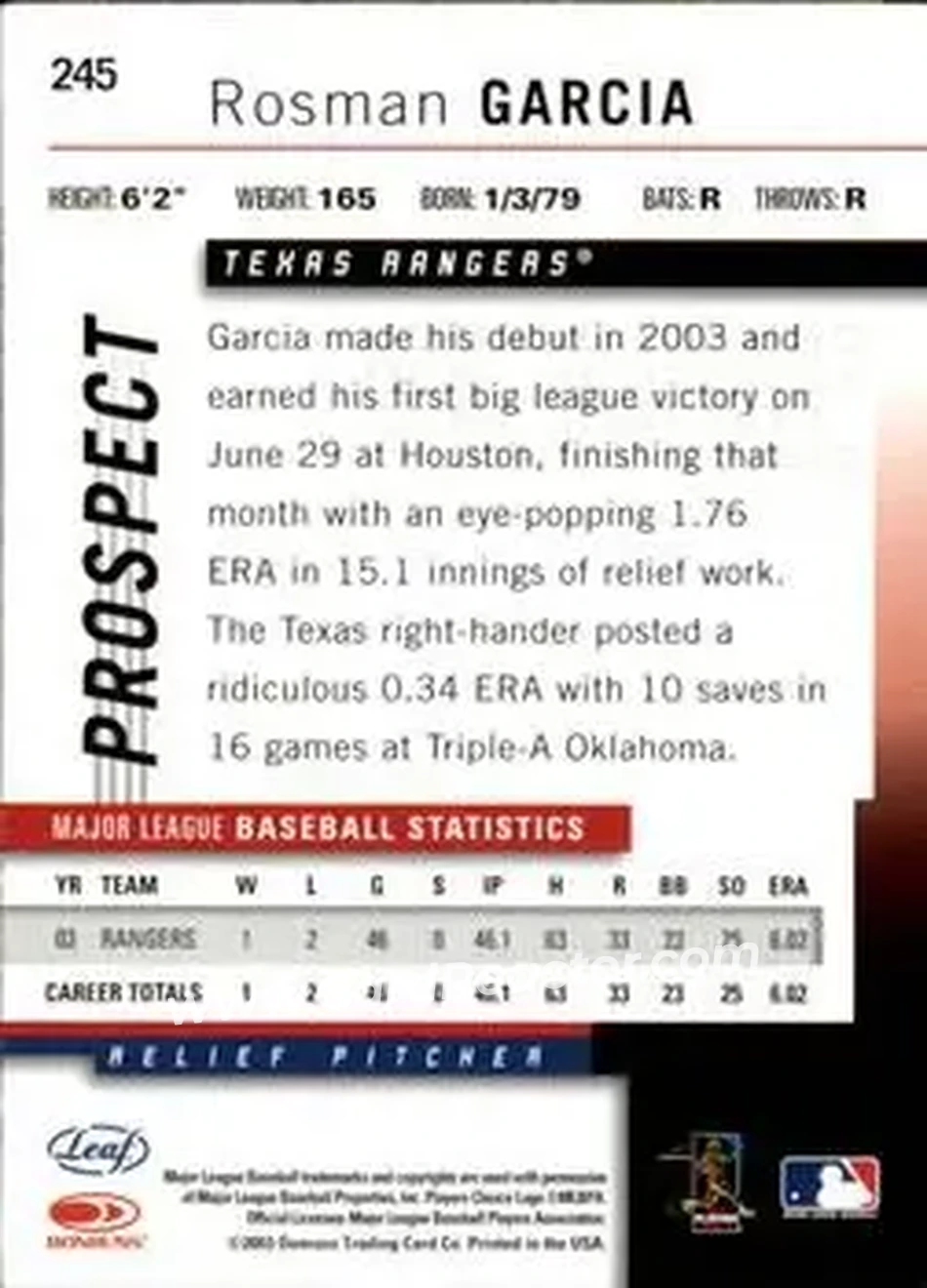 2004 Leaf #245 - Rosman Garcia - Texas Rangers - Back 2004 Leaf #245 - Rosman Garcia - Texas Rangers - Back