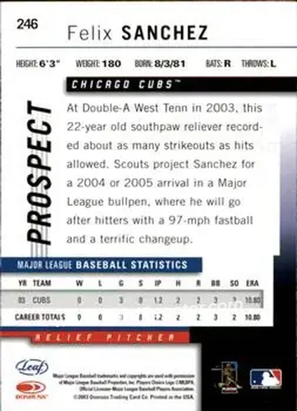 2004 Leaf #246 - Felix Sanchez - Chicago Cubs - Back 2004 Leaf #246 - Felix Sanchez - Chicago Cubs - Back