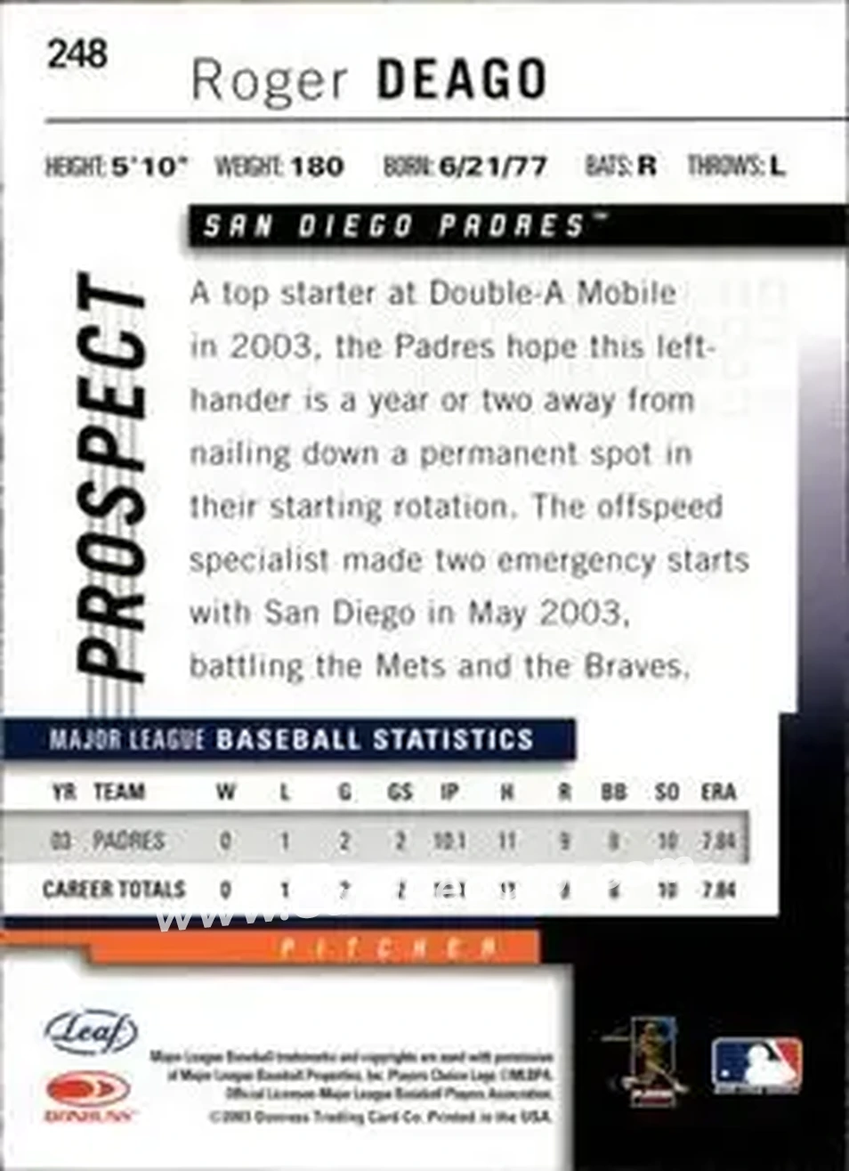2004 Leaf #248 - Roger Deago - San Diego Padres - Back