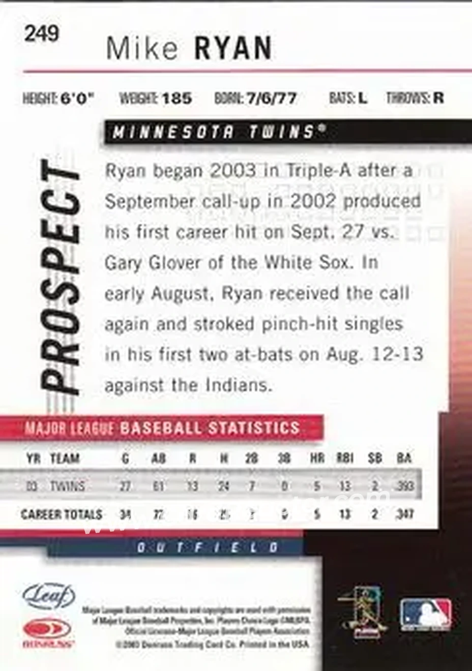 2004 Leaf #249 - Michael Ryan - Minnesota Twins - Back 2004 Leaf #249 - Michael Ryan - Minnesota Twins - Back