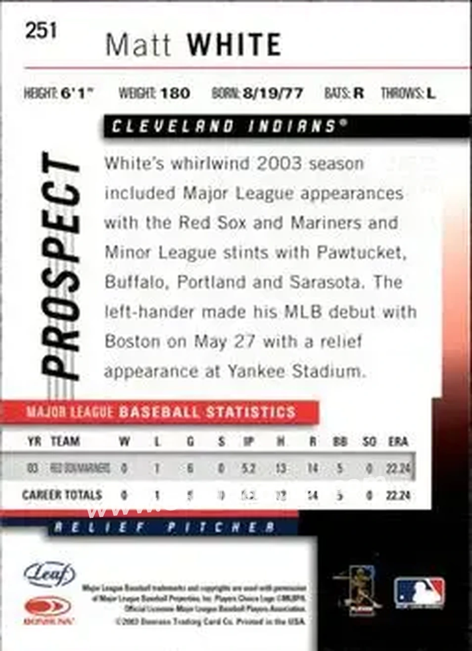 2004 Leaf #251 - Matt White - Cleveland Indians - Back 2004 Leaf #251 - Matt White - Cleveland Indians - Back