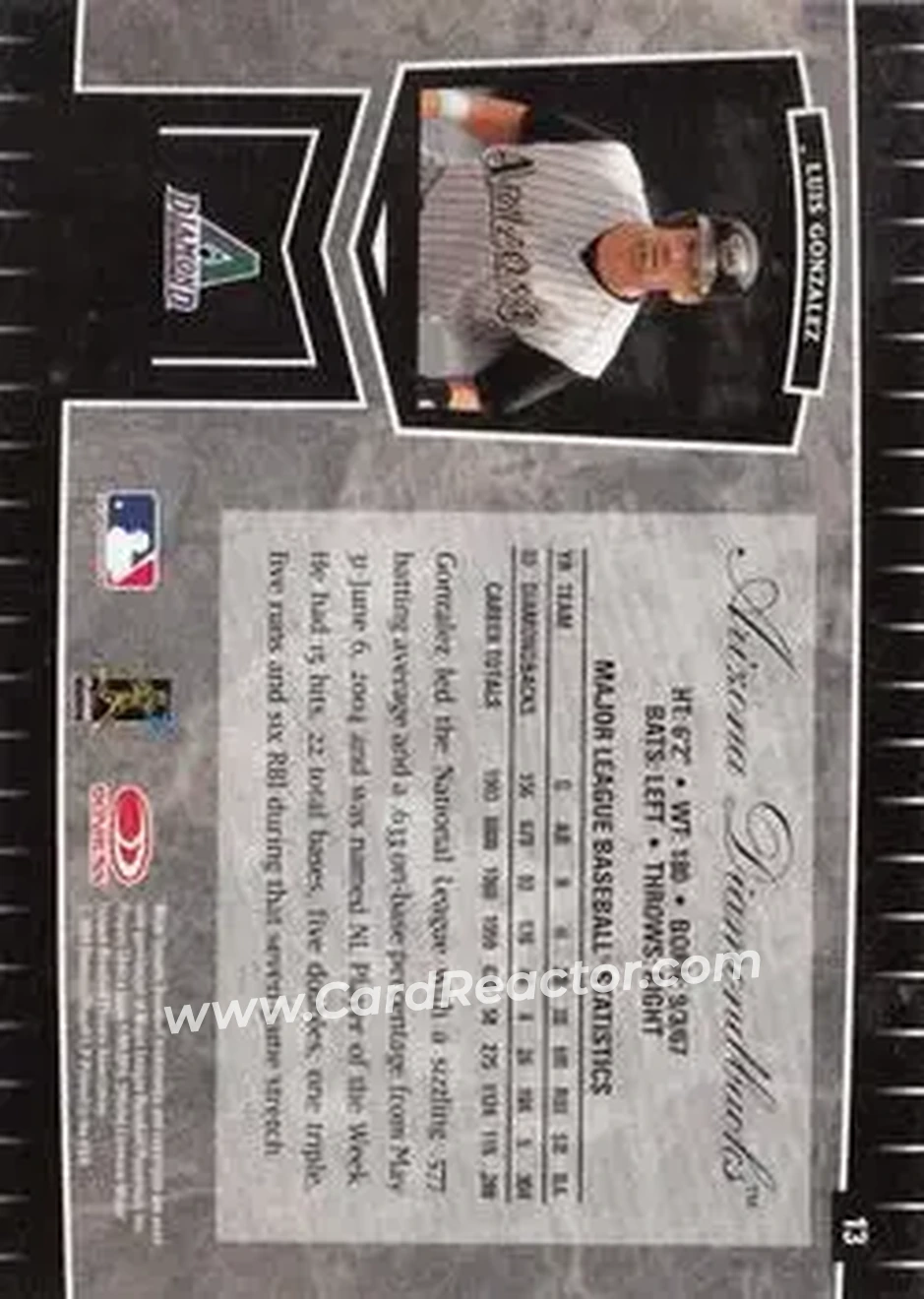 2004 Leaf Certified Cuts #13 - Luis Gonzalez - Arizona Diamondbacks - Back