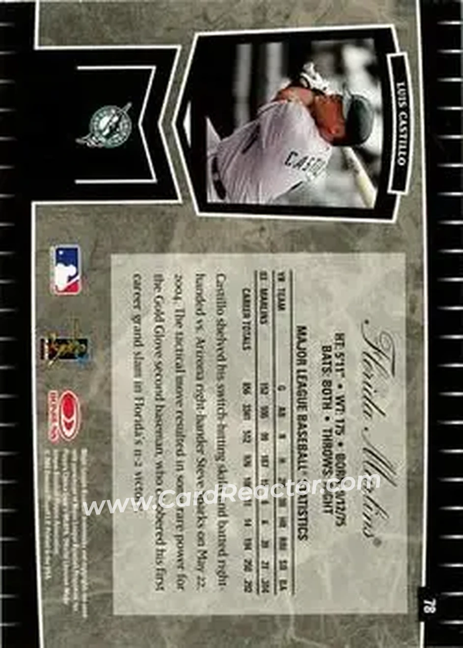 2004 Leaf Certified Cuts #78 - Luis Castillo - Florida Marlins - Back 2004 Leaf Certified Cuts #78 - Luis Castillo - Florida Marlins - Back