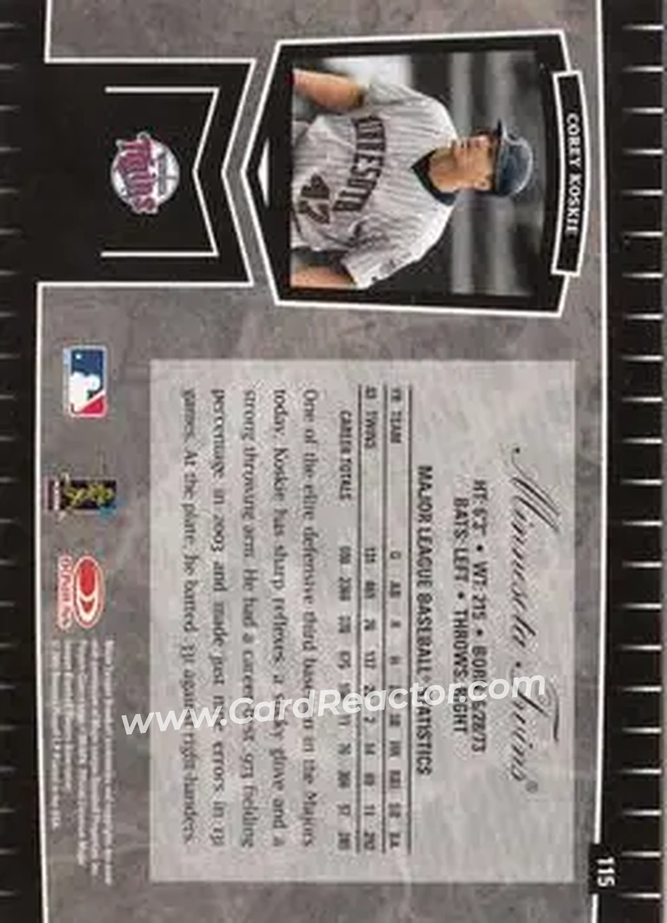 2004 Leaf Certified Cuts #115 - Corey Koskie - Minnesota Twins - Back