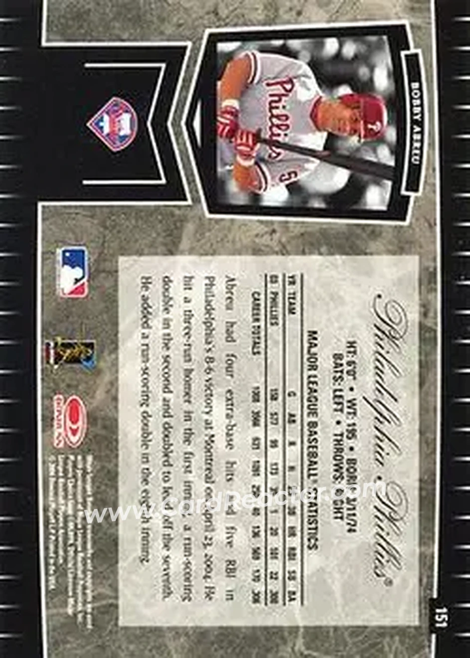 2004 Leaf Certified Cuts #151 - Bob Abreu - Philadelphia Phillies - Back