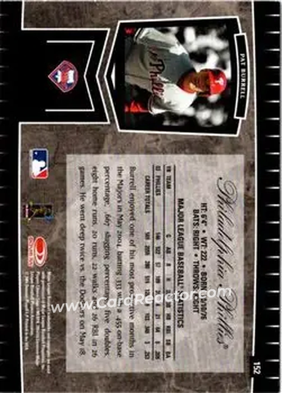 2004 Leaf Certified Cuts #152 - Pat Burrell - Philadelphia Phillies - Back 2004 Leaf Certified Cuts #152 - Pat Burrell - Philadelphia Phillies - Back