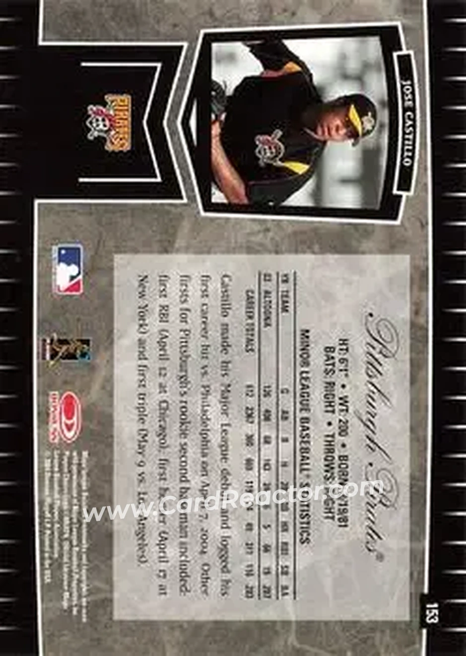 2004 Leaf Certified Cuts #153 - Jose Castillo - Pittsburgh Pirates - Back