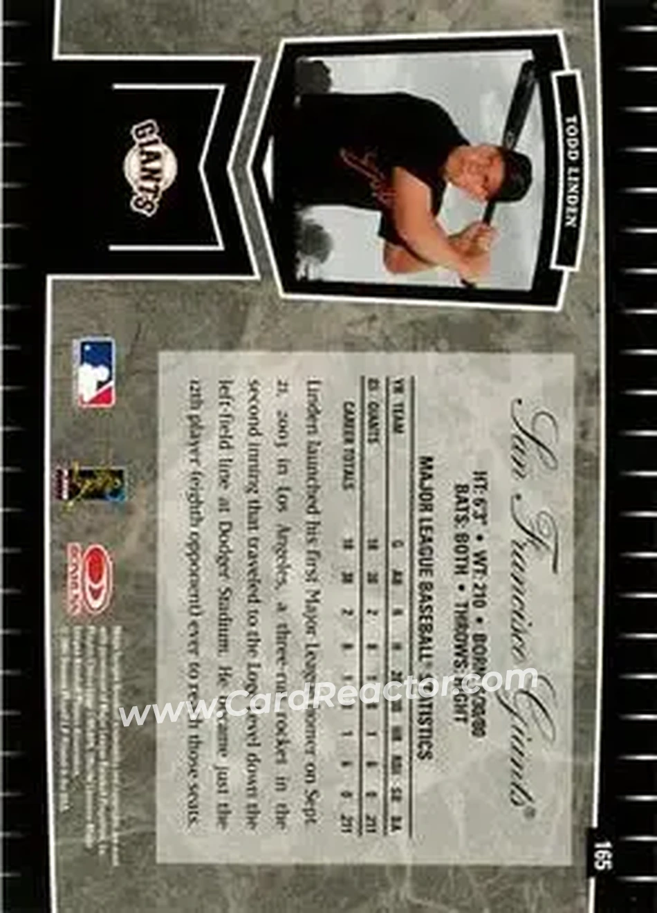 2004 Leaf Certified Cuts #165 - Todd Linden - San Francisco Giants - Back 2004 Leaf Certified Cuts #165 - Todd Linden - San Francisco Giants - Back