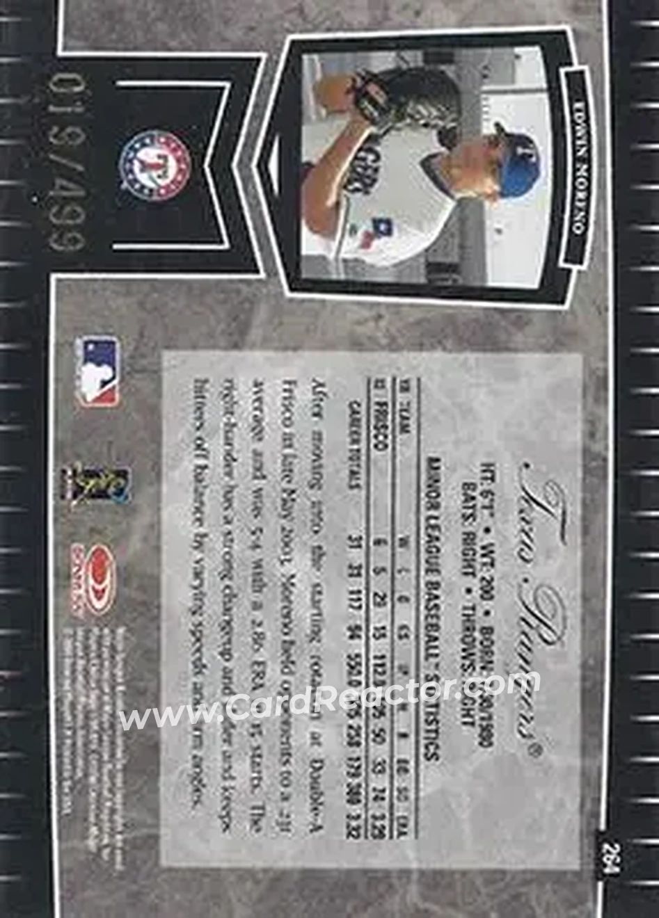 2004 Leaf Certified Cuts #264 - Edwin Moreno - Texas Rangers - Back
