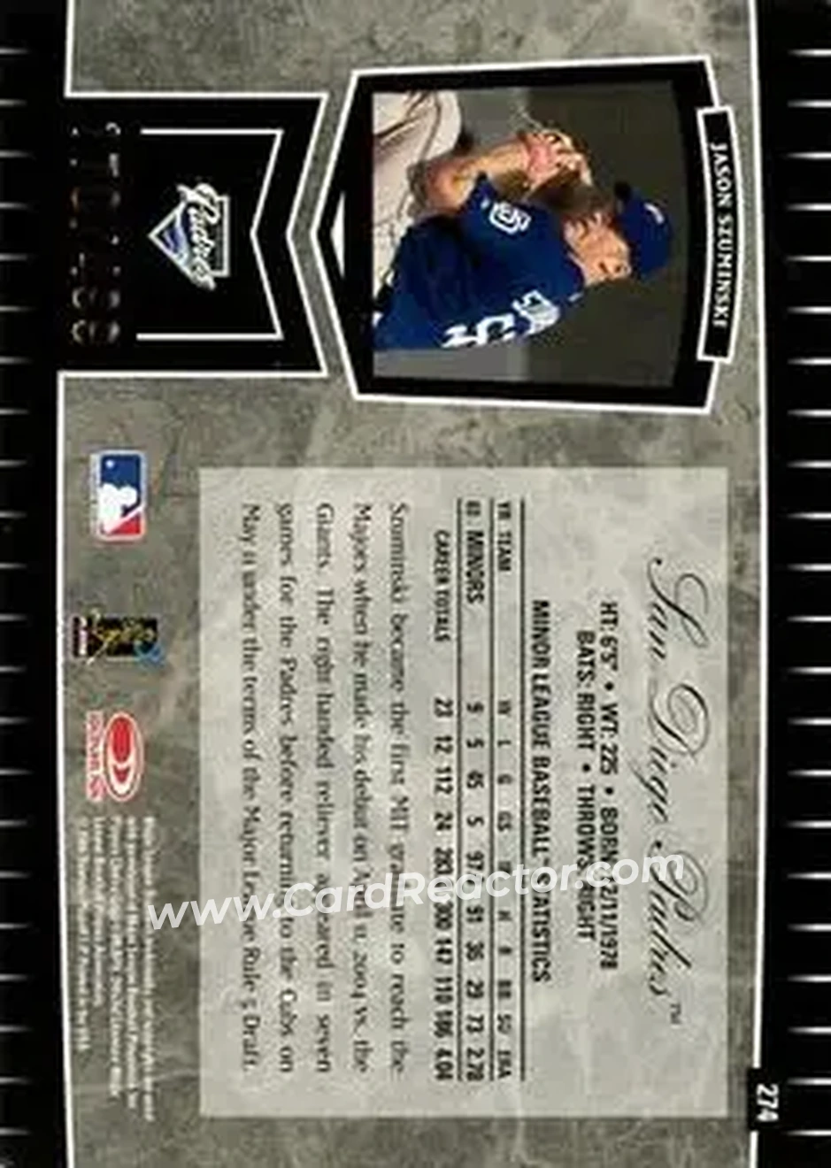 2004 Leaf Certified Cuts #274 - Jason Szuminski - San Diego Padres - Back