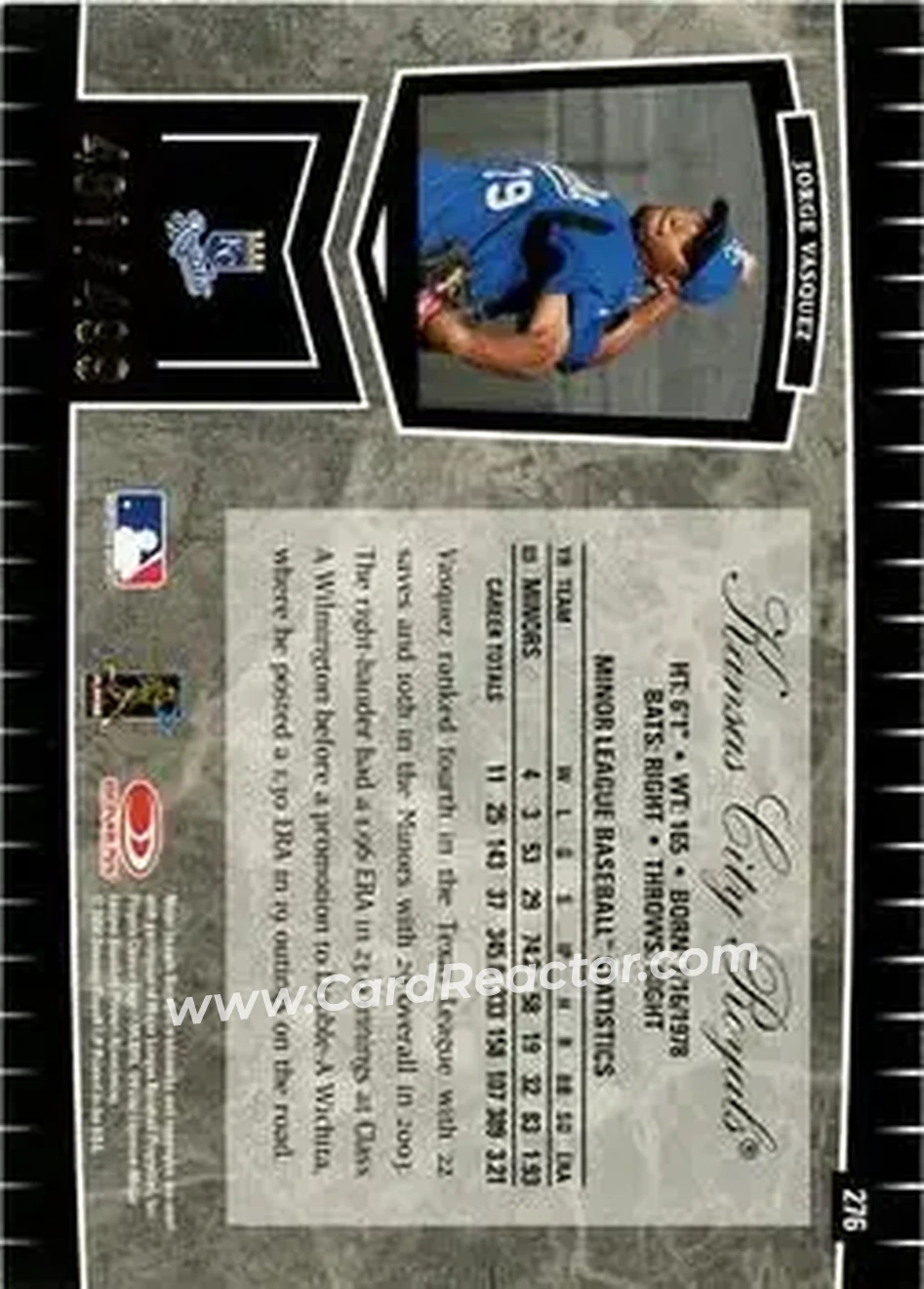 2004 Leaf Certified Cuts #276 - Jorge Vasquez - Kansas City Royals - Back