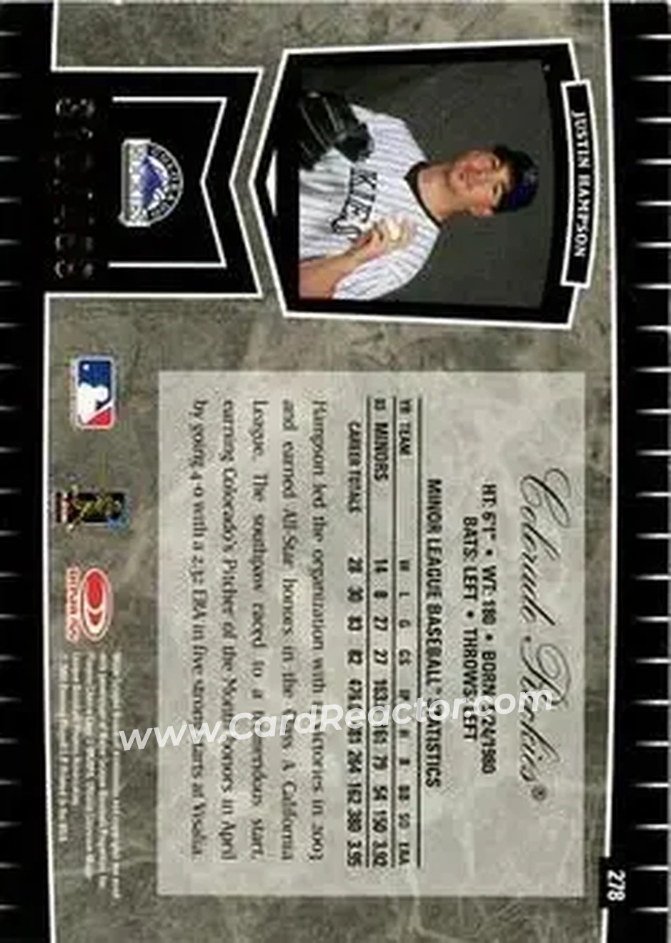 2004 Leaf Certified Cuts #278 - Justin Hampson - Colorado Rockies - Back 2004 Leaf Certified Cuts #278 - Justin Hampson - Colorado Rockies - Back