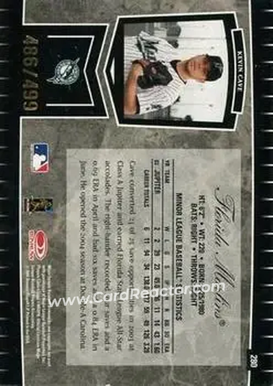 2004 Leaf Certified Cuts #280 - Kevin Cave - Florida Marlins - Back 2004 Leaf Certified Cuts #280 - Kevin Cave - Florida Marlins - Back
