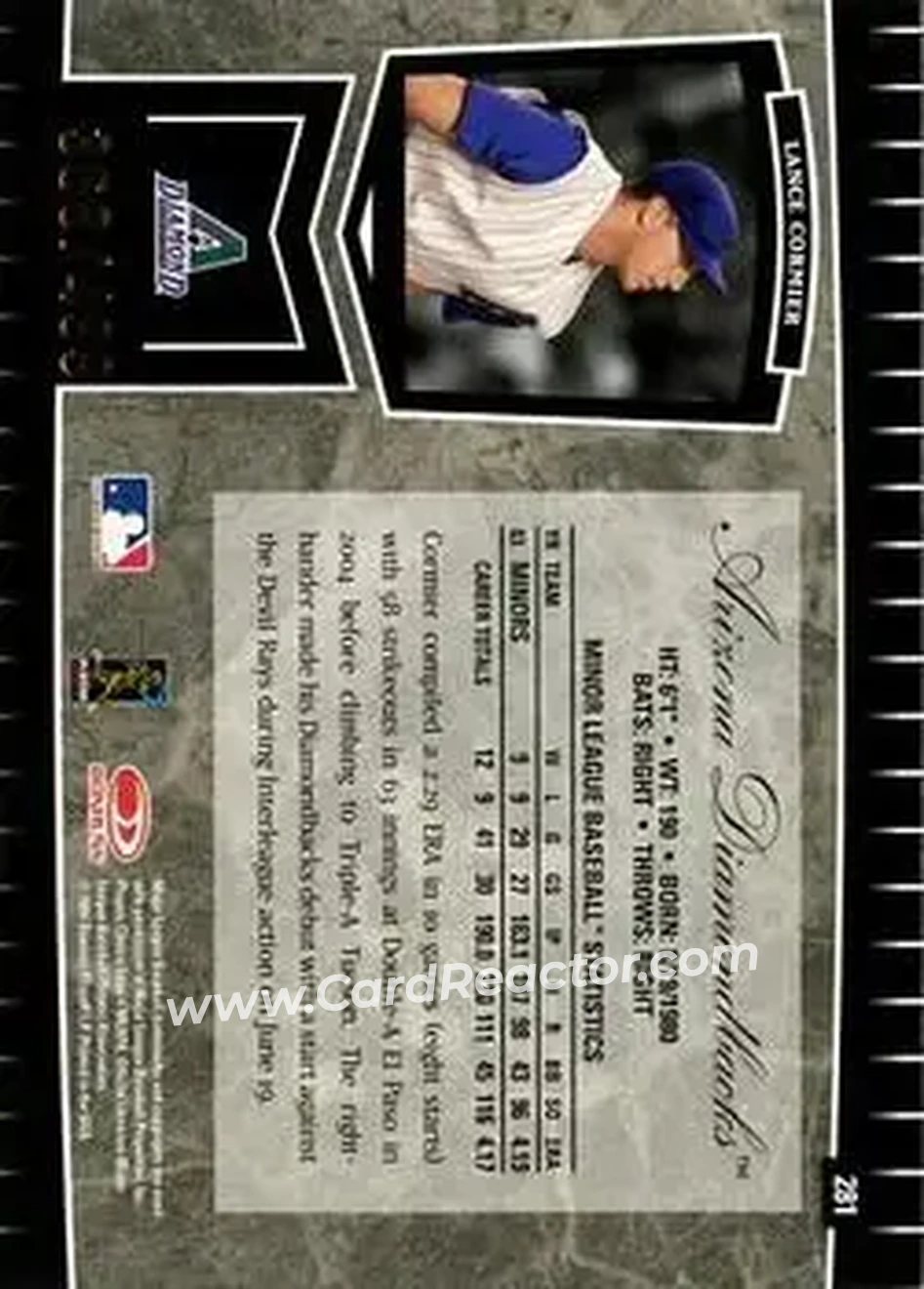 2004 Leaf Certified Cuts #281 - Lance Cormier - Arizona Diamondbacks - Back 2004 Leaf Certified Cuts #281 - Lance Cormier - Arizona Diamondbacks - Back