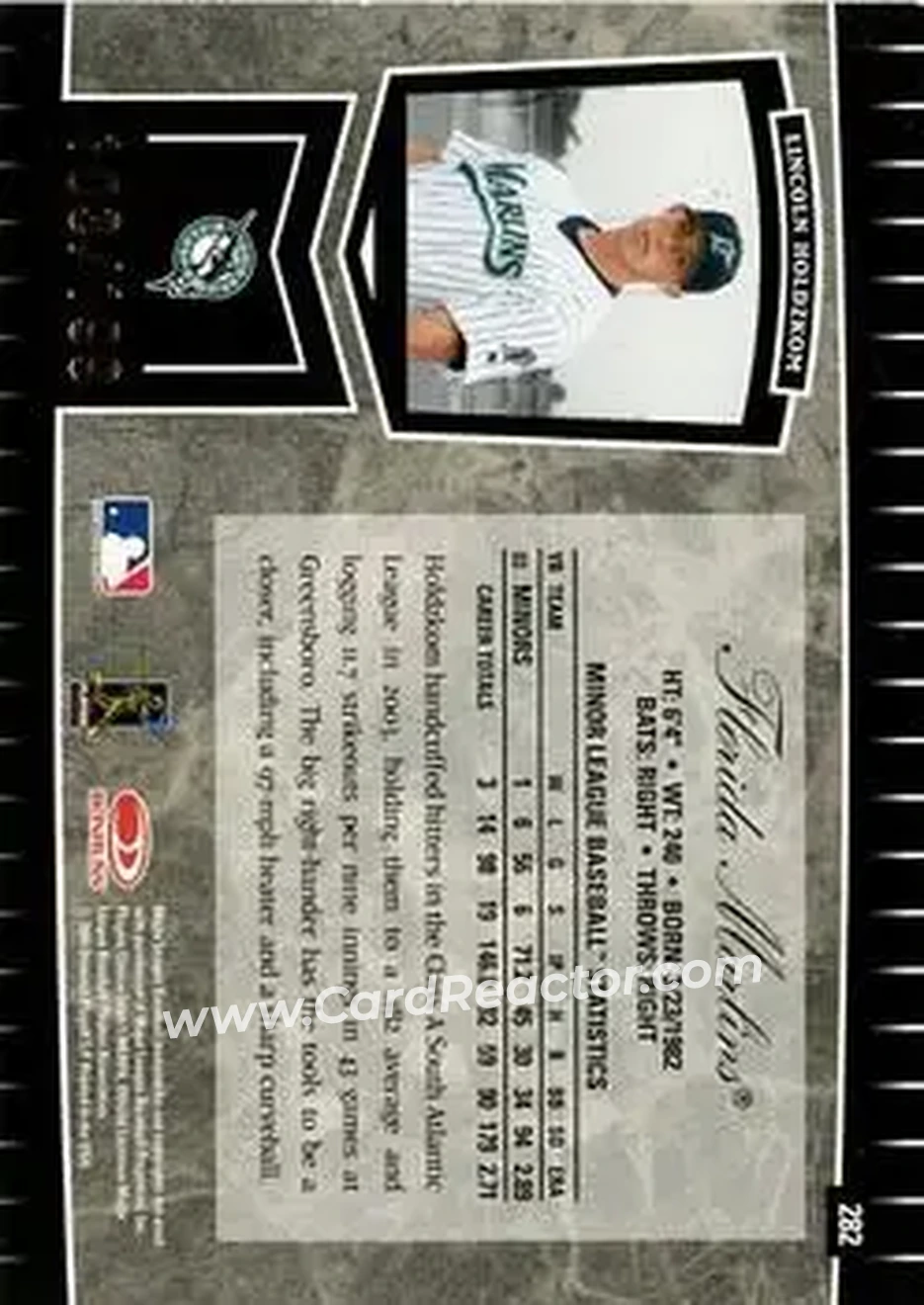 2004 Leaf Certified Cuts #282 - Lincoln Holdzkom - Florida Marlins - Back 2004 Leaf Certified Cuts #282 - Lincoln Holdzkom - Florida Marlins - Back