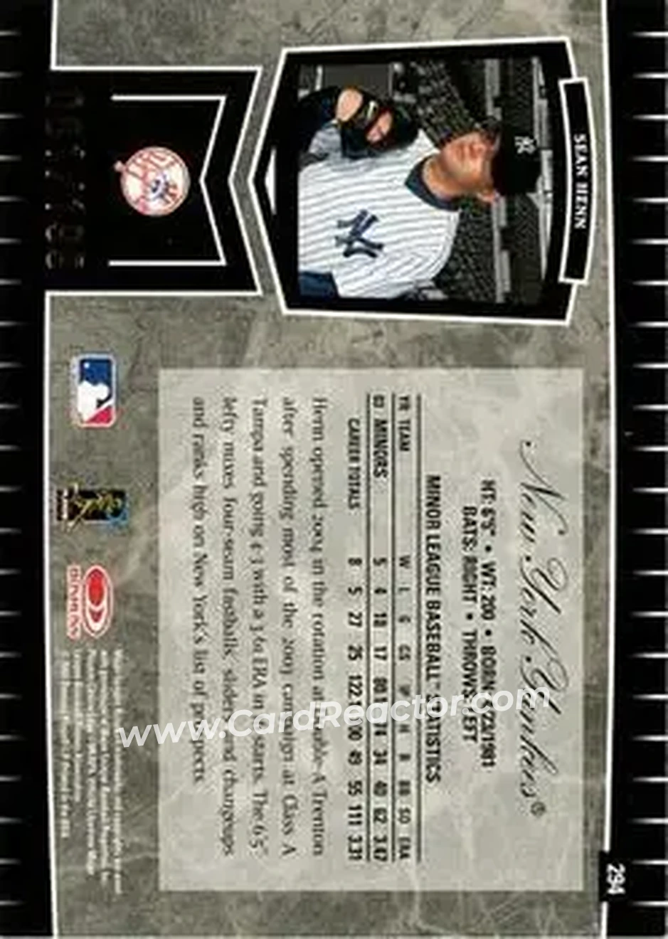 2004 Leaf Certified Cuts #294 - Sean Henn - New York Yankees - Back
