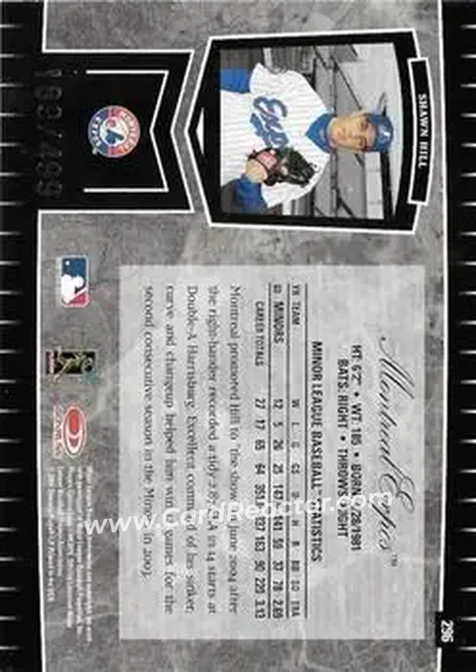 2004 Leaf Certified Cuts #296 - Shawn Hill - Montreal Expos - Back 2004 Leaf Certified Cuts #296 - Shawn Hill - Montreal Expos - Back