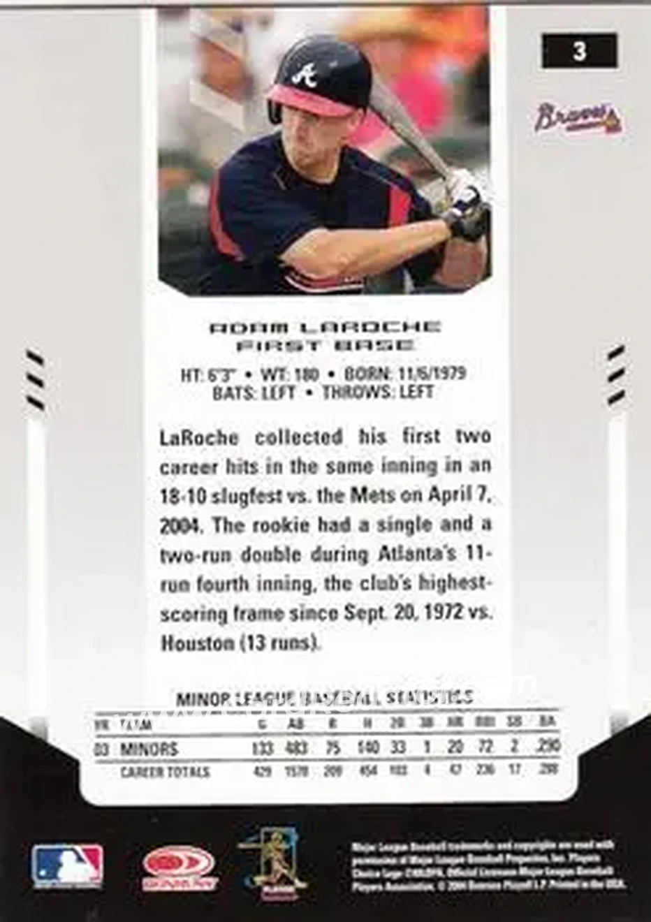 2004 Leaf Certified Materials #3 - Adam LaRoche - Atlanta Braves - Back