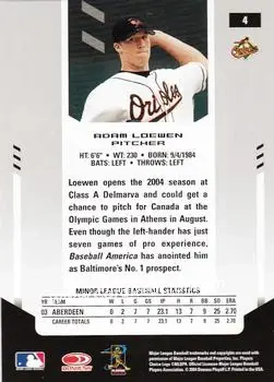 2004 Leaf Certified Materials #4 - Adam Loewen - Baltimore Orioles - Back