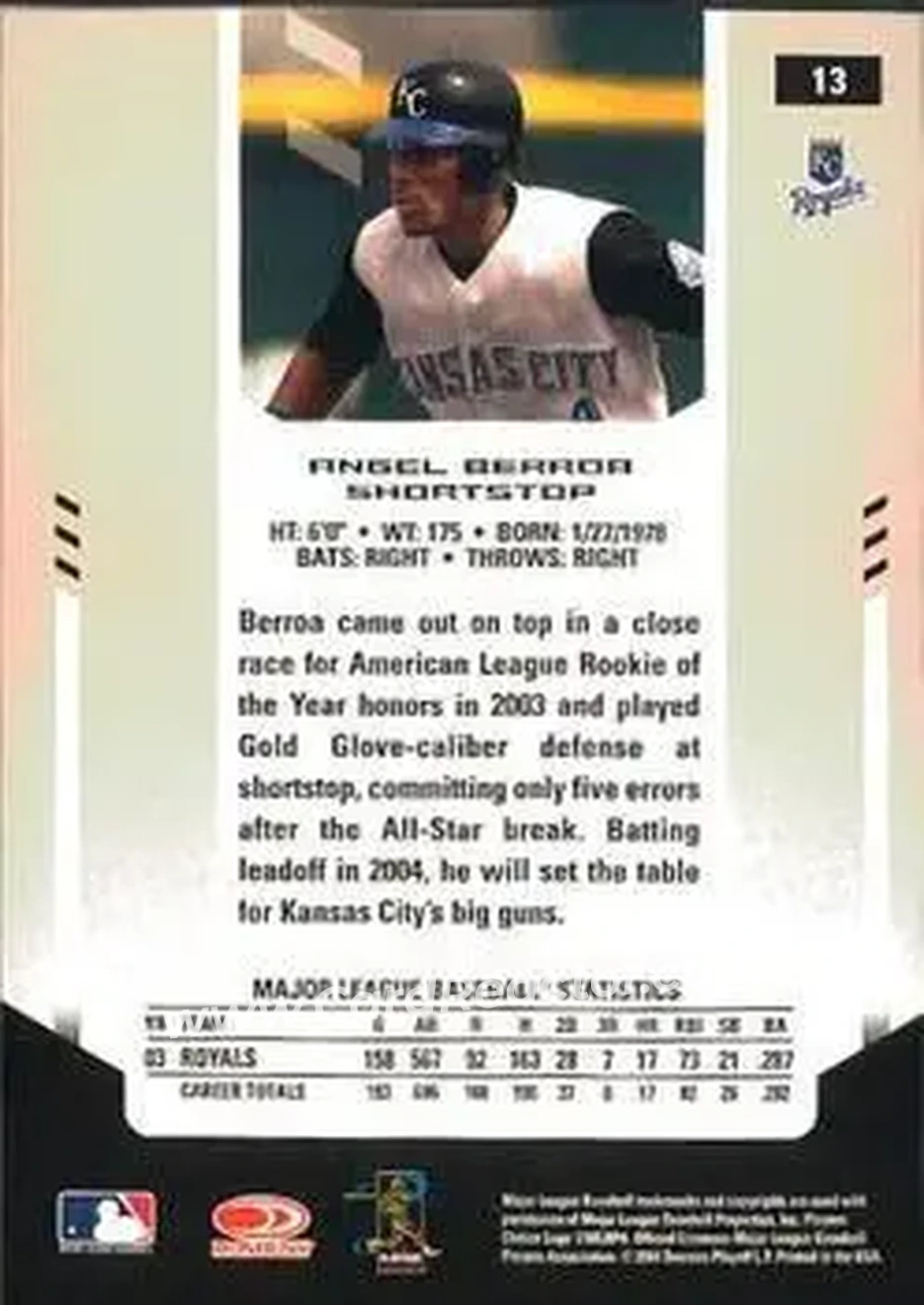 2004 Leaf Certified Materials #13 - Angel Berroa - Kansas City Royals - Back