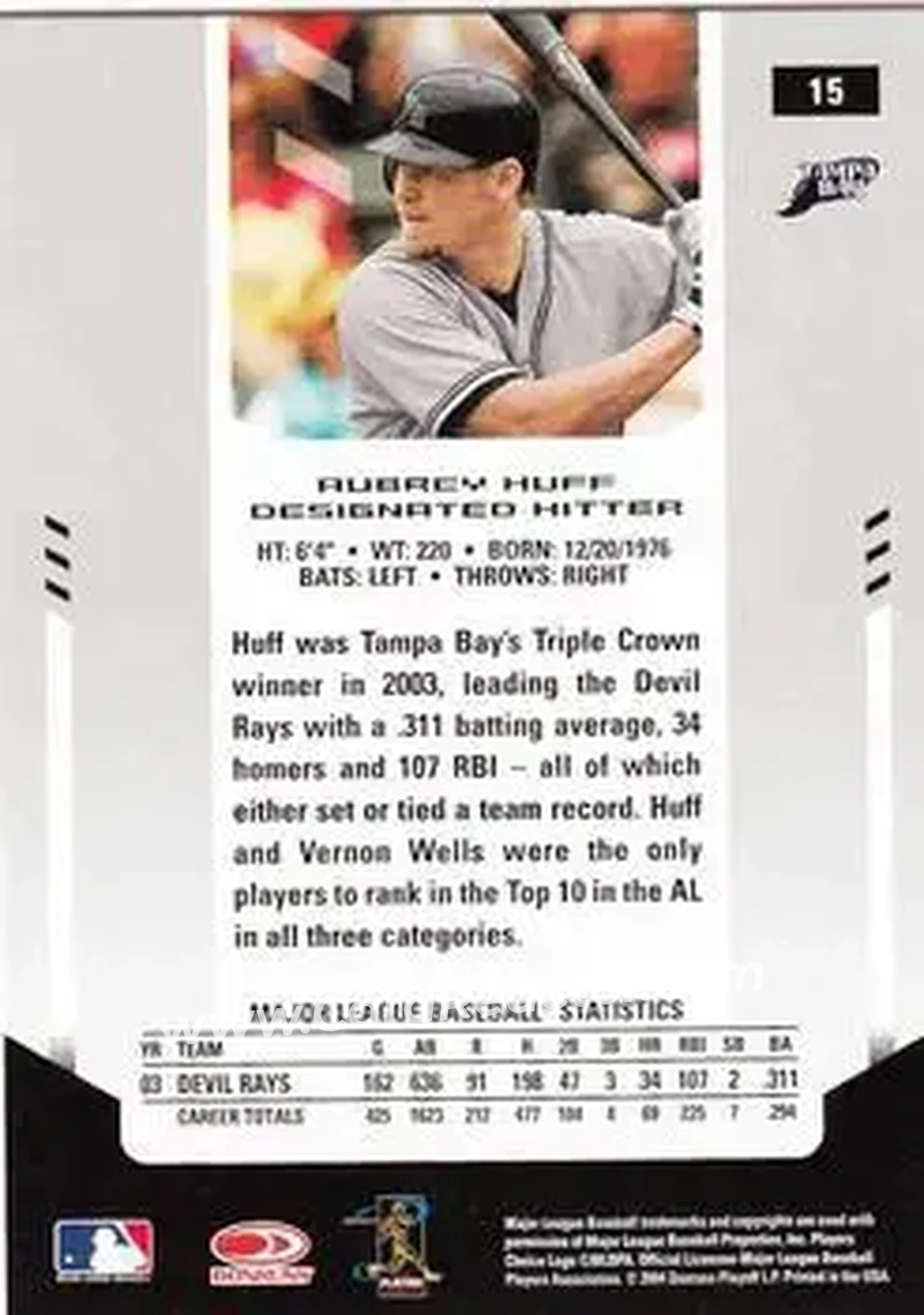 2004 Leaf Certified Materials #15 - Aubrey Huff - Tampa Bay Devil Rays - Back