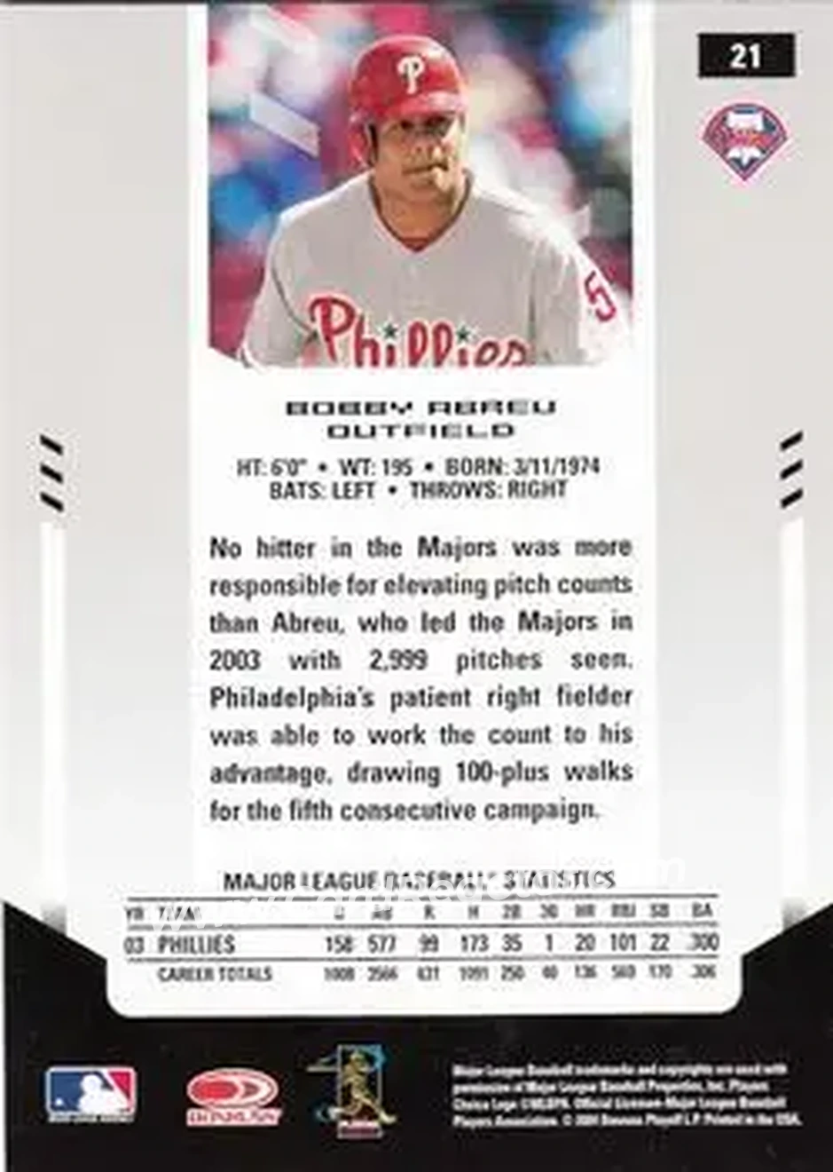2004 Leaf Certified Materials #21 - Bob Abreu - Philadelphia Phillies - Back 2004 Leaf Certified Materials #21 - Bob Abreu - Philadelphia Phillies - Back
