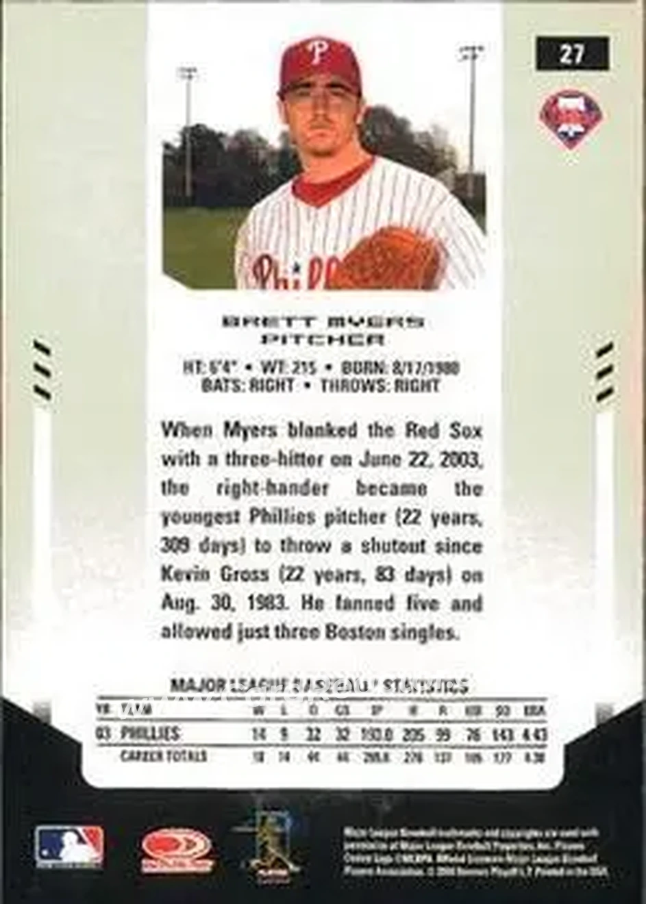 2004 Leaf Certified Materials #27 - Brett Myers - Philadelphia Phillies - Back 2004 Leaf Certified Materials #27 - Brett Myers - Philadelphia Phillies - Back