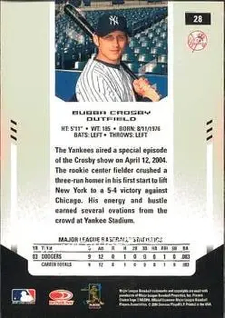 2004 Leaf Certified Materials #28 - Bubba Crosby - New York Yankees - Back 2004 Leaf Certified Materials #28 - Bubba Crosby - New York Yankees - Back