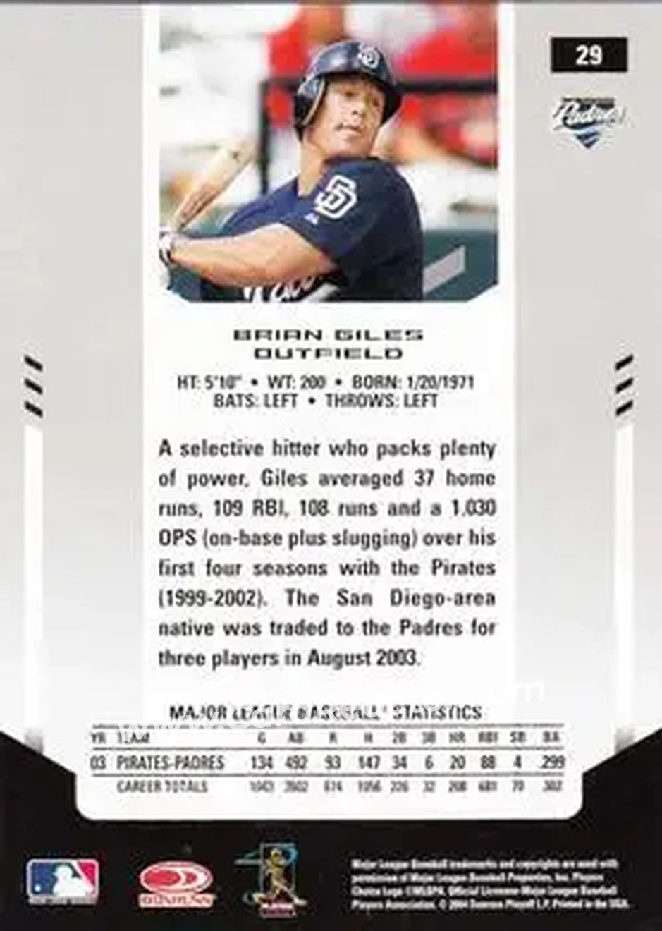 2004 Leaf Certified Materials #29 - Brian Giles - San Diego Padres - Back 2004 Leaf Certified Materials #29 - Brian Giles - San Diego Padres - Back