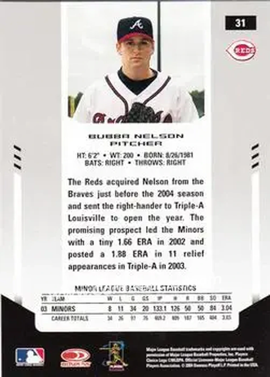 2004 Leaf Certified Materials #31 - Bubba Nelson - Cincinnati Reds - Back 2004 Leaf Certified Materials #31 - Bubba Nelson - Cincinnati Reds - Back