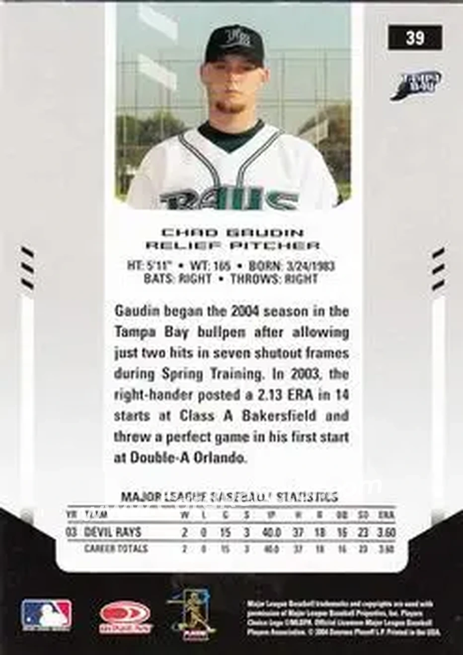 2004 Leaf Certified Materials #39 - Chad Gaudin - Tampa Bay Devil Rays - Back