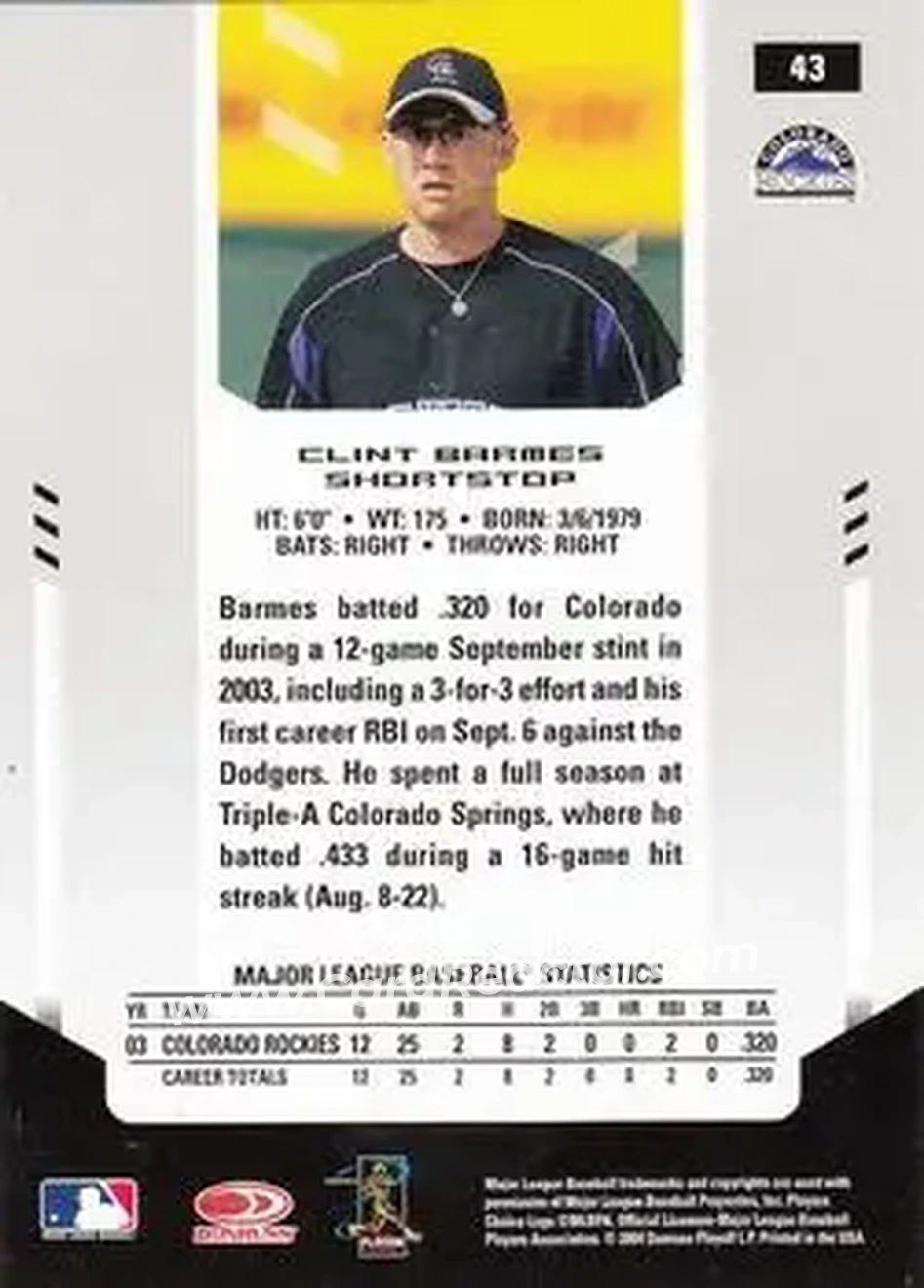 2004 Leaf Certified Materials #43 - Clint Barmes - Colorado Rockies - Back