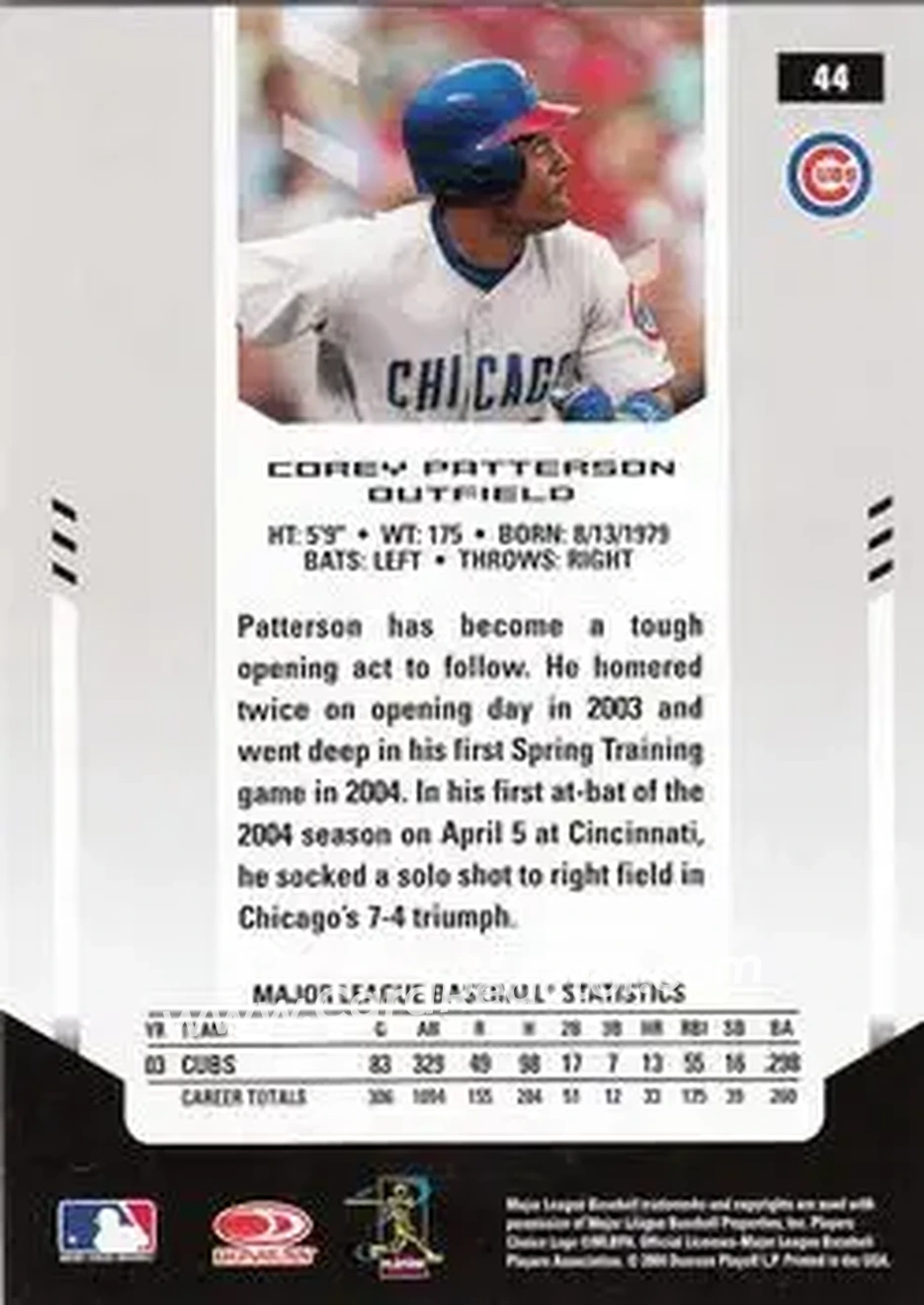2004 Leaf Certified Materials #44 - Corey Patterson - Chicago Cubs - Back