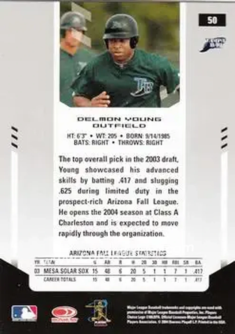 2004 Leaf Certified Materials #50 - Delmon Young - Tampa Bay Devil Rays - Back