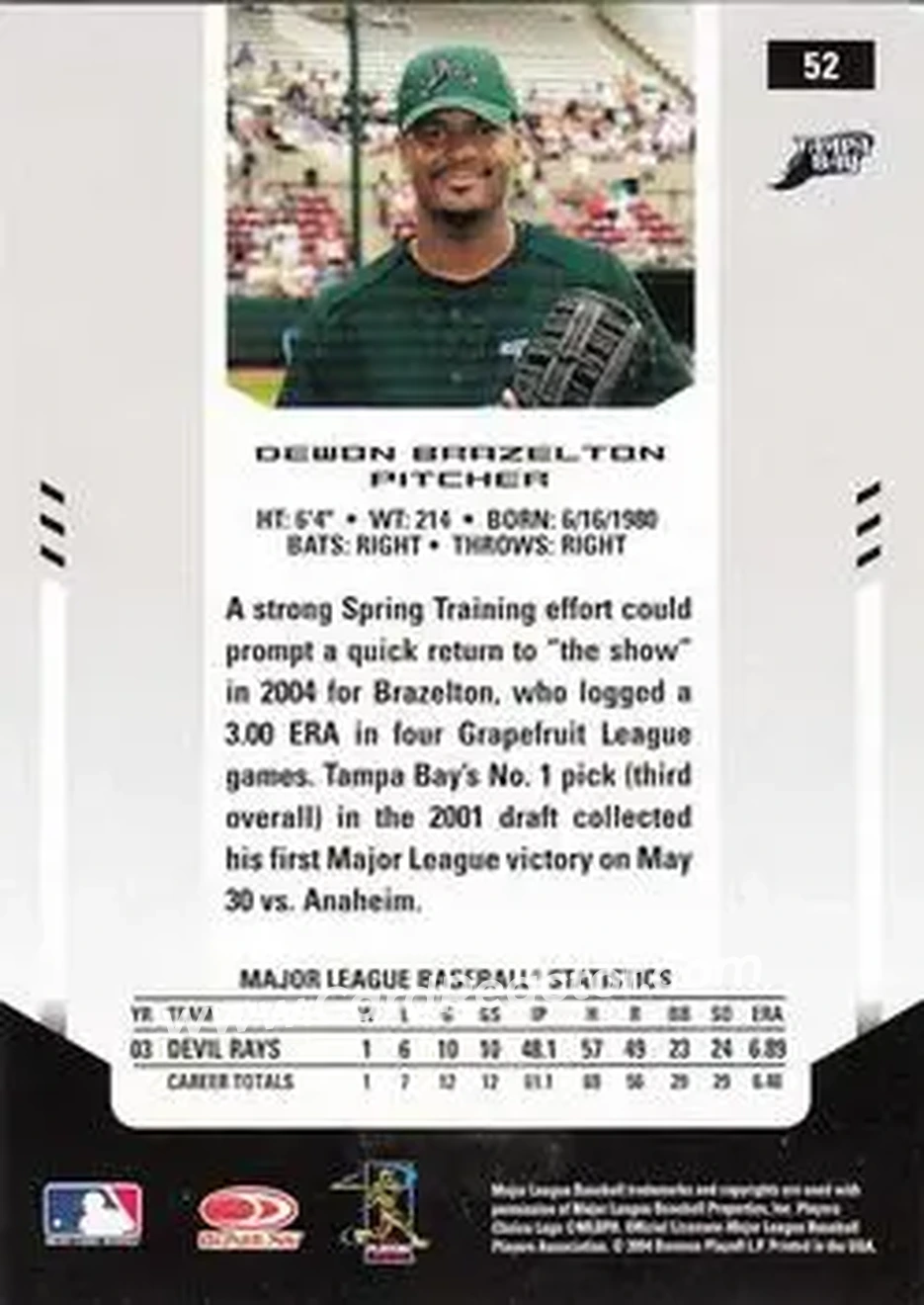 2004 Leaf Certified Materials #52 - Dewon Brazelton - Tampa Bay Devil Rays - Back