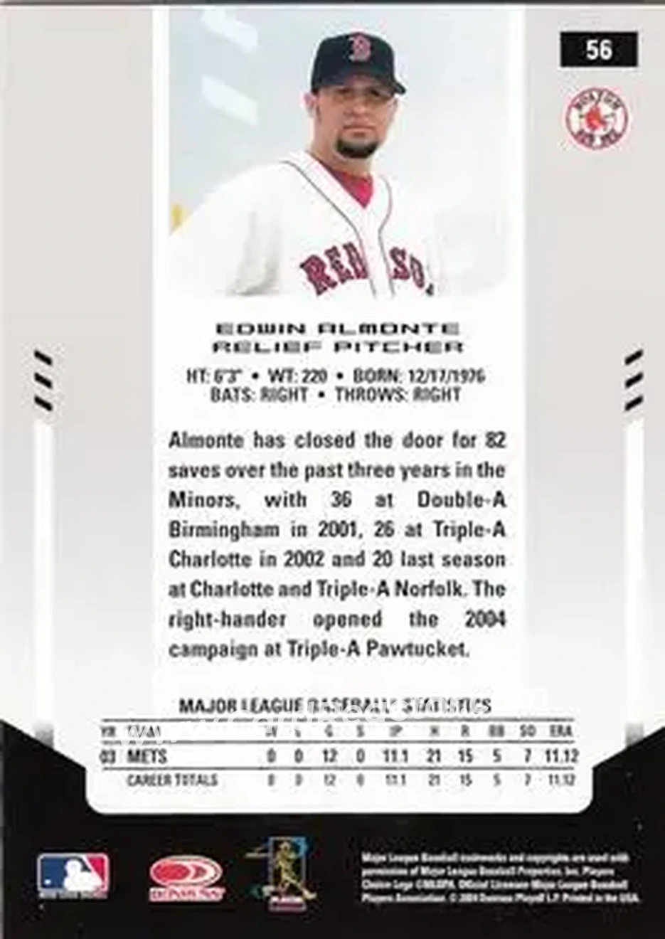 2004 Leaf Certified Materials #56 - Edwin Almonte - Boston Red Sox - Back 2004 Leaf Certified Materials #56 - Edwin Almonte - Boston Red Sox - Back