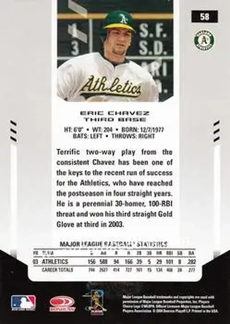 2004 Leaf Certified Materials #58 - Eric Chavez - Oakland Athletics - Back 2004 Leaf Certified Materials #58 - Eric Chavez - Oakland Athletics - Back