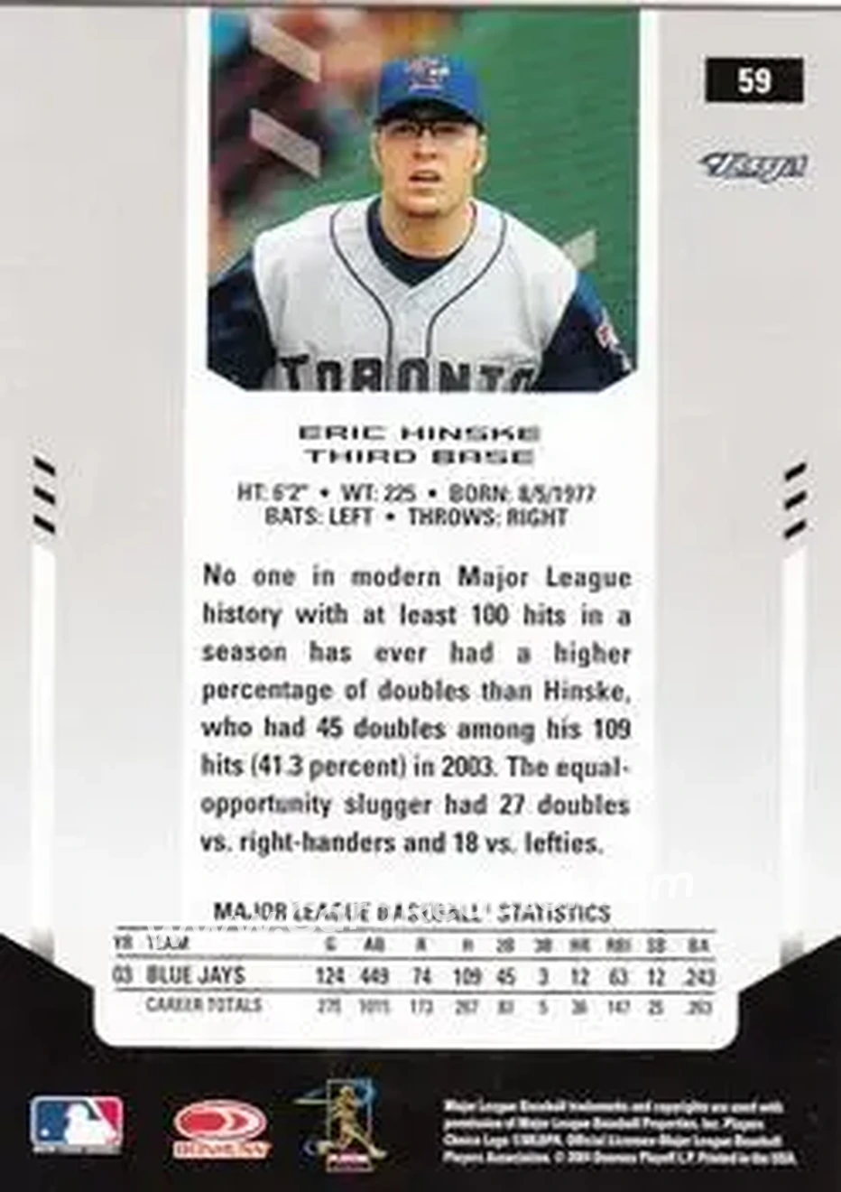 2004 Leaf Certified Materials #59 - Eric Hinske - Toronto Blue Jays - Back 2004 Leaf Certified Materials #59 - Eric Hinske - Toronto Blue Jays - Back