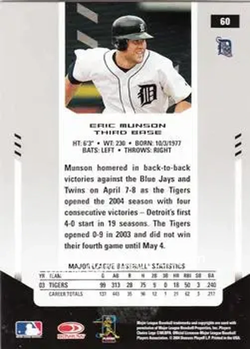 2004 Leaf Certified Materials #60 - Eric Munson - Detroit Tigers - Back