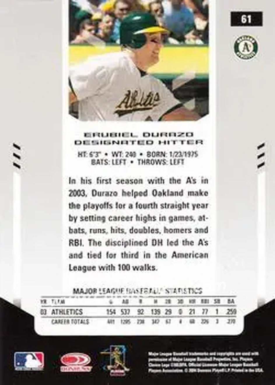 2004 Leaf Certified Materials #61 - Erubiel Durazo - Oakland Athletics - Back 2004 Leaf Certified Materials #61 - Erubiel Durazo - Oakland Athletics - Back
