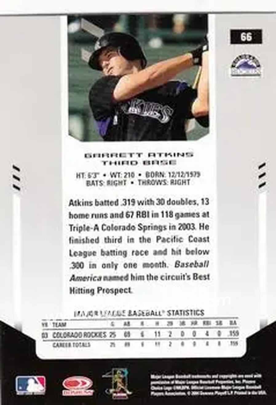 2004 Leaf Certified Materials #66 - Garrett Atkins - Colorado Rockies - Back
