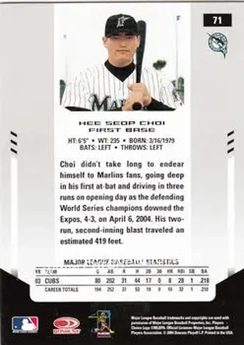 2004 Leaf Certified Materials #71 - Hee Seop Choi - Florida Marlins - Back